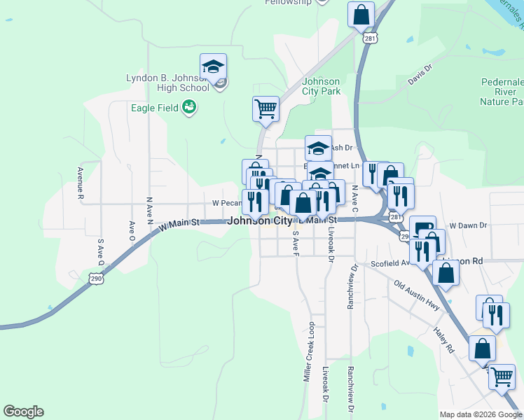 map of restaurants, bars, coffee shops, grocery stores, and more near 110 North Nugent Avenue in Johnson City