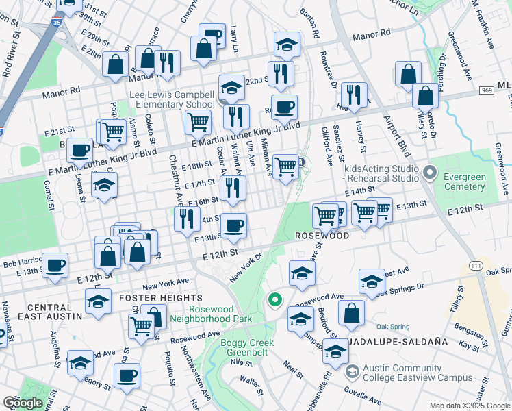 map of restaurants, bars, coffee shops, grocery stores, and more near 1402 Ulit Avenue in Austin