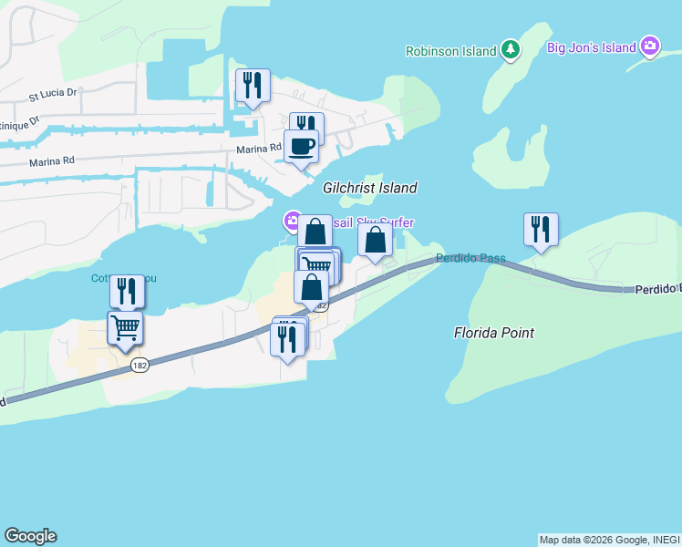 map of restaurants, bars, coffee shops, grocery stores, and more near 3542 Bayou Road in Orange Beach