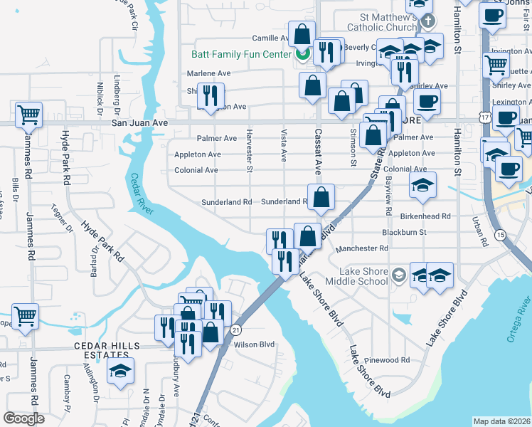 map of restaurants, bars, coffee shops, grocery stores, and more near 5133 Birkenhead Road in Jacksonville