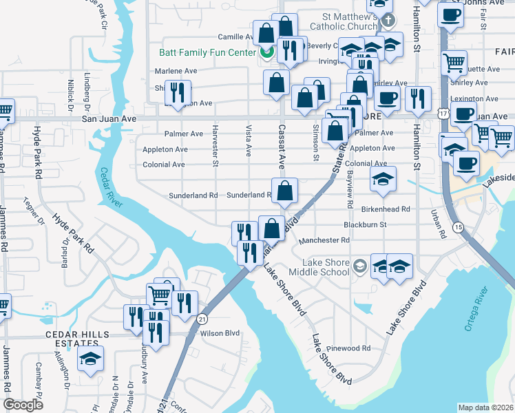 map of restaurants, bars, coffee shops, grocery stores, and more near 5047 Birkenhead Road in Jacksonville