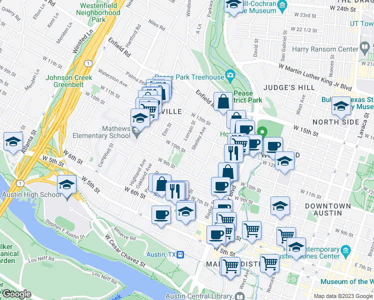 map of restaurants, bars, coffee shops, grocery stores, and more near 1302 West 10th Street in Austin