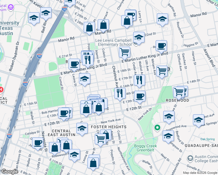 map of restaurants, bars, coffee shops, grocery stores, and more near 2114 East 16th Street in Austin