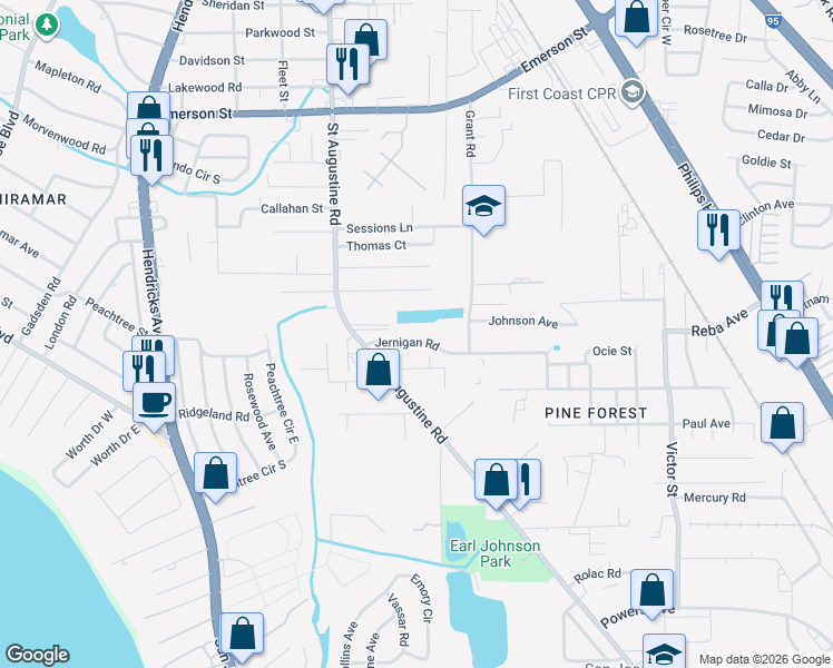 map of restaurants, bars, coffee shops, grocery stores, and more near 2131 Jernigan Road in Jacksonville