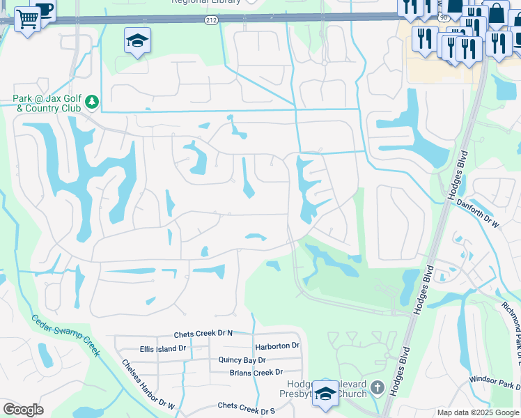 map of restaurants, bars, coffee shops, grocery stores, and more near 12995 Huntley Manor Drive in Jacksonville