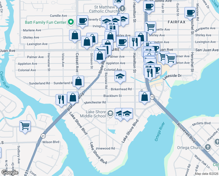 map of restaurants, bars, coffee shops, grocery stores, and more near 2263 Bayview Road in Jacksonville