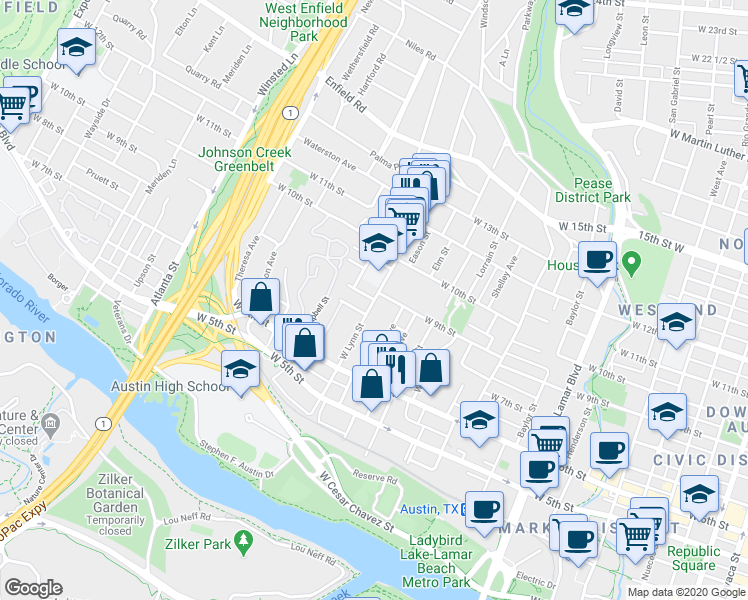 map of restaurants, bars, coffee shops, grocery stores, and more near W 9th St & W Lynn St in Austin
