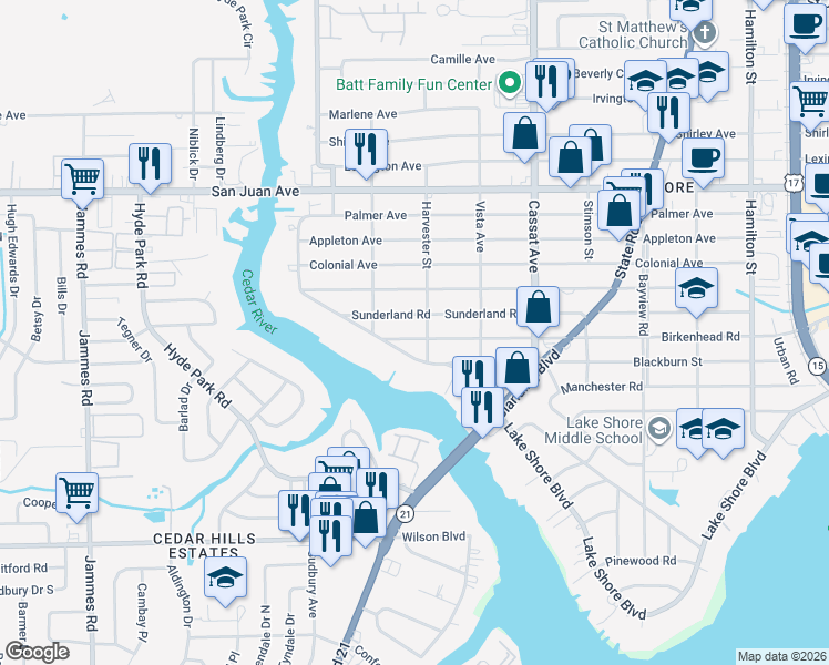 map of restaurants, bars, coffee shops, grocery stores, and more near 5213 Birkenhead Road in Jacksonville
