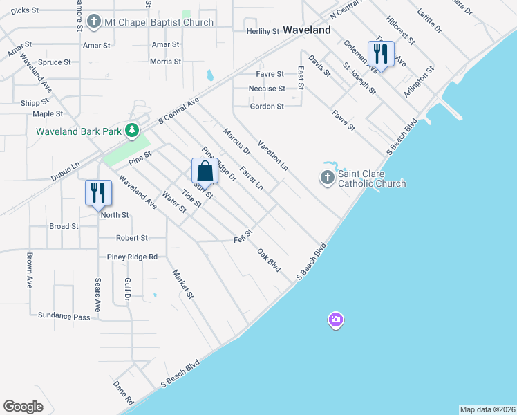 map of restaurants, bars, coffee shops, grocery stores, and more near 204 Pine Ridge Drive in Waveland