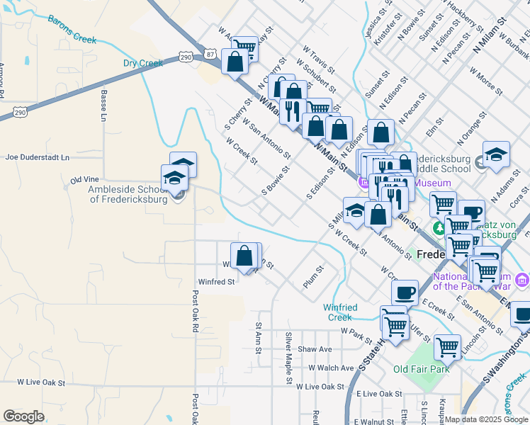 map of restaurants, bars, coffee shops, grocery stores, and more near 513 West Peach Street in Fredericksburg