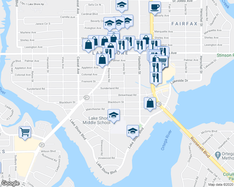 map of restaurants, bars, coffee shops, grocery stores, and more near 4627 Birkenhead Road in Jacksonville
