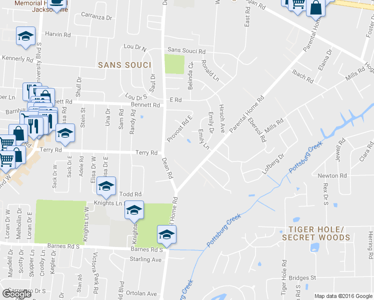 map of restaurants, bars, coffee shops, grocery stores, and more near 2668 Parental Home Road in Jacksonville