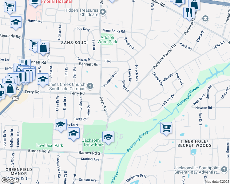 map of restaurants, bars, coffee shops, grocery stores, and more near 2668 Parental Home Road in Jacksonville