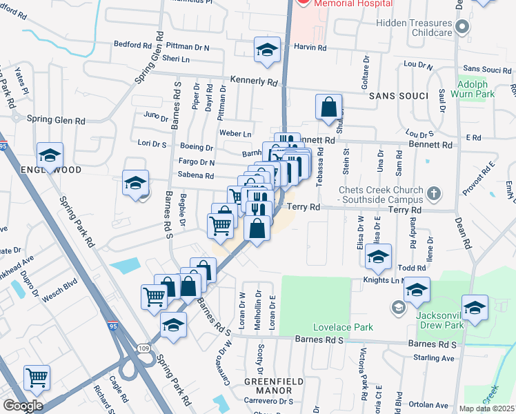 map of restaurants, bars, coffee shops, grocery stores, and more near 5951 Florida 109 in Jacksonville