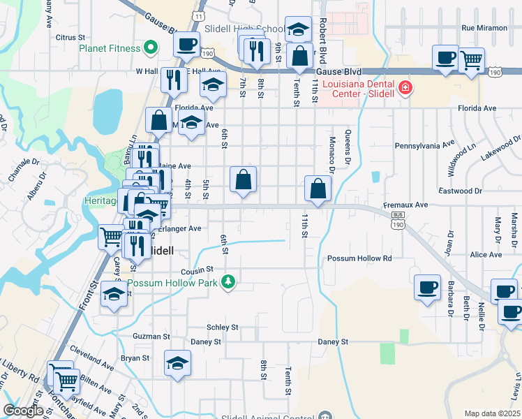 map of restaurants, bars, coffee shops, grocery stores, and more near 811 Fremaux Avenue in Slidell