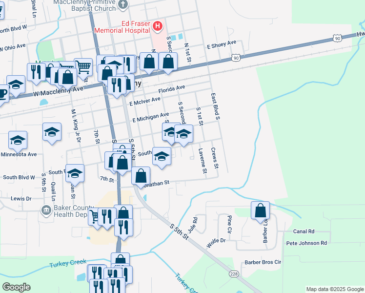 map of restaurants, bars, coffee shops, grocery stores, and more near 362 South Boulevard East in Macclenny
