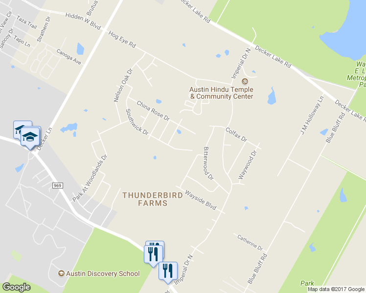 map of restaurants, bars, coffee shops, grocery stores, and more near 9512 Southwick Drive in Austin
