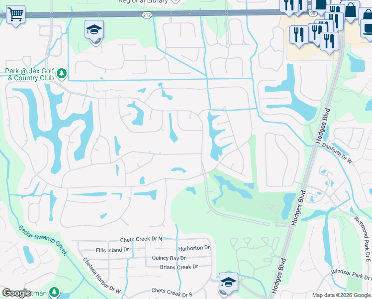 map of restaurants, bars, coffee shops, grocery stores, and more near 12995 Huntley Manor Drive in Jacksonville