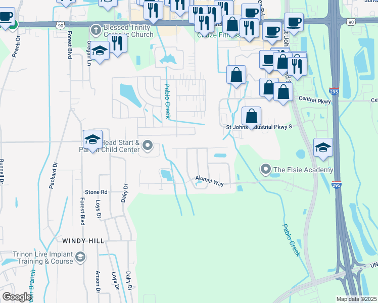 map of restaurants, bars, coffee shops, grocery stores, and more near 10992 Beckley Place in Jacksonville