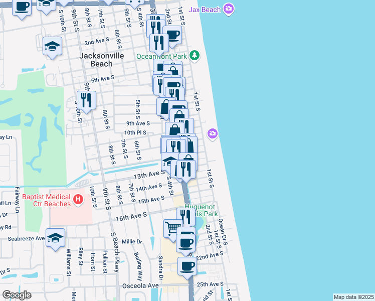 map of restaurants, bars, coffee shops, grocery stores, and more near 209 12th Avenue South in Jacksonville Beach