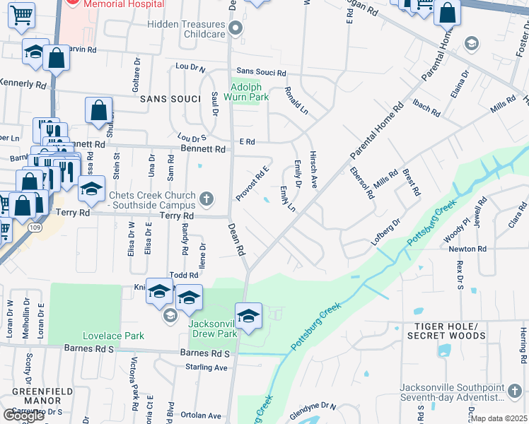 map of restaurants, bars, coffee shops, grocery stores, and more near 2668 Parental Home Road in Jacksonville