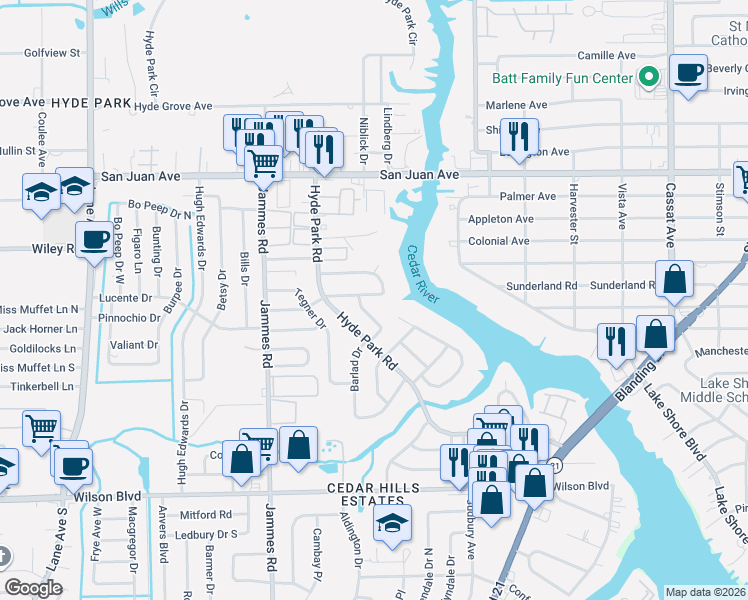 map of restaurants, bars, coffee shops, grocery stores, and more near 5720 Cherry Laurel Drive in Jacksonville