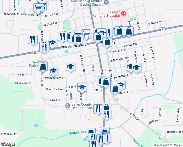 map of restaurants, bars, coffee shops, grocery stores, and more near 231 East Minnesota Avenue in Macclenny