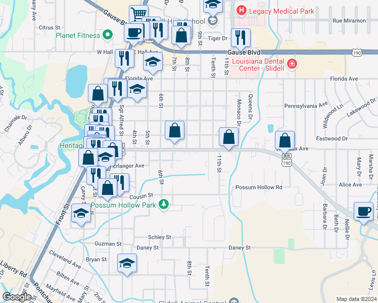 map of restaurants, bars, coffee shops, grocery stores, and more near 811 Fremaux Avenue in Slidell
