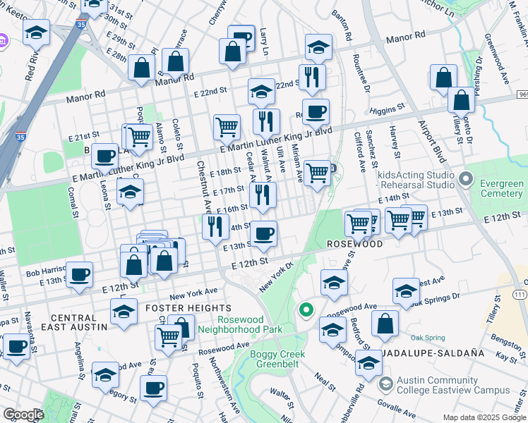 map of restaurants, bars, coffee shops, grocery stores, and more near 1410 Walnut Avenue in Austin