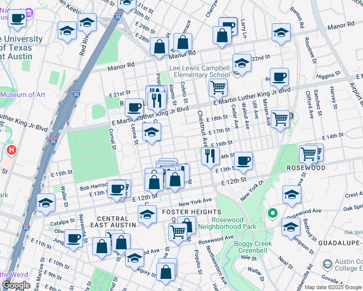 map of restaurants, bars, coffee shops, grocery stores, and more near 2002 East 16th Street in Austin