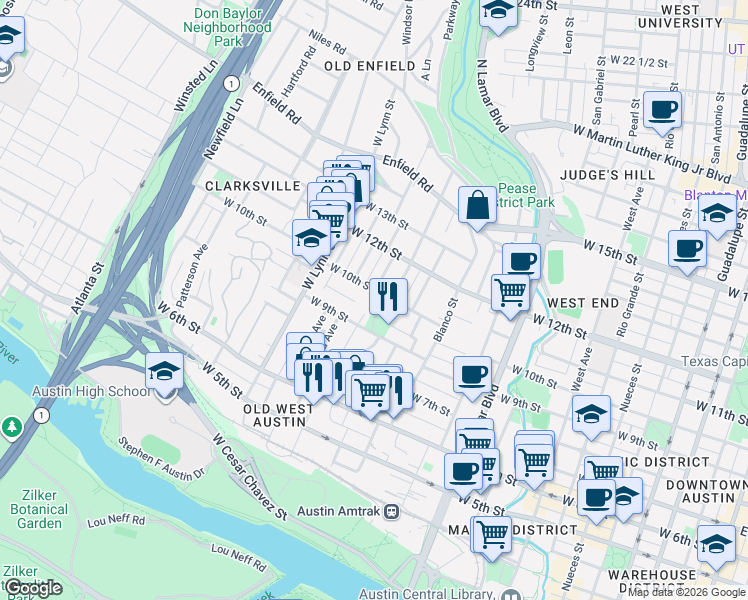 map of restaurants, bars, coffee shops, grocery stores, and more near 910 Maufrais Street in Austin