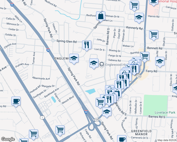 map of restaurants, bars, coffee shops, grocery stores, and more near 4412 Barnes Road South in Jacksonville
