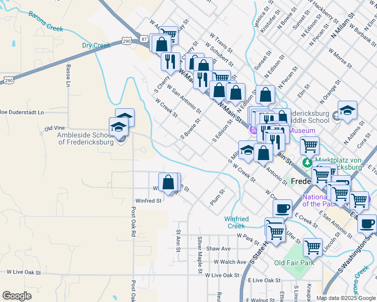 map of restaurants, bars, coffee shops, grocery stores, and more near 513 W Peach St in Fredericksburg