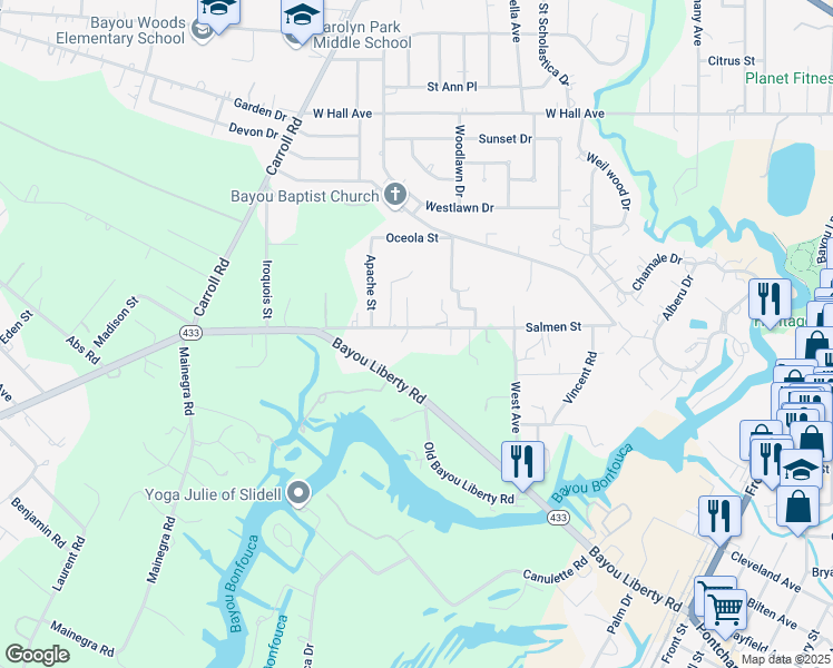 map of restaurants, bars, coffee shops, grocery stores, and more near 36282 Salmen Street in Slidell