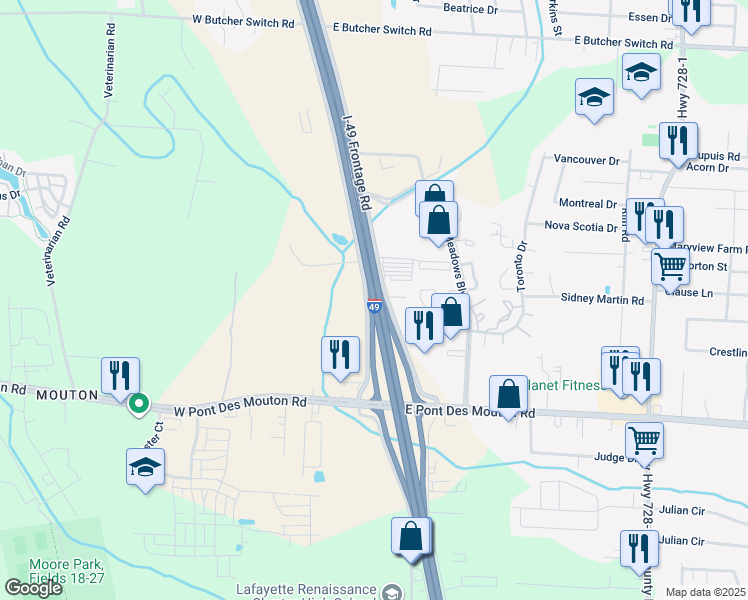 map of restaurants, bars, coffee shops, grocery stores, and more near Northwest Evangeline Thruway in Lafayette