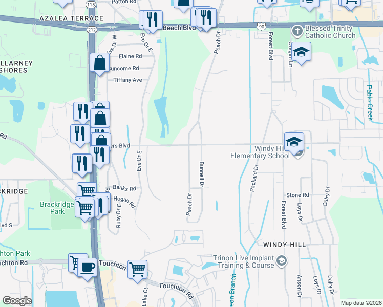 map of restaurants, bars, coffee shops, grocery stores, and more near 3812 Bunnell Drive in Jacksonville