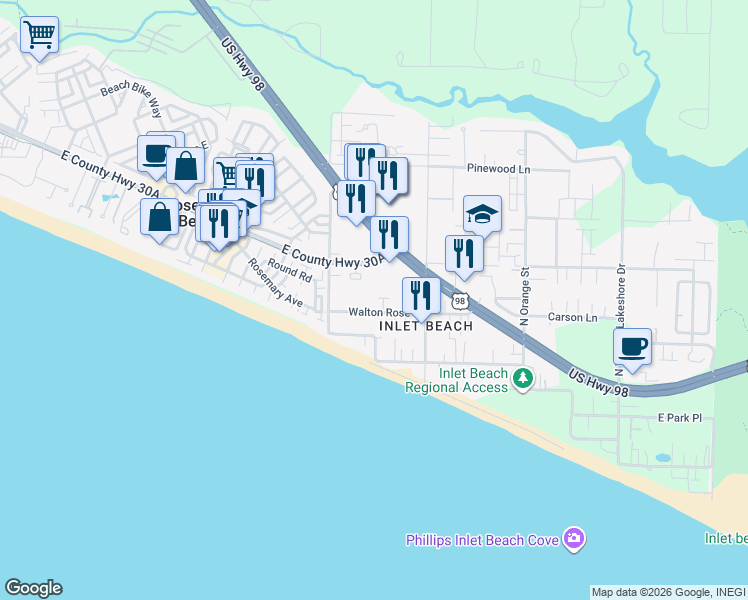 map of restaurants, bars, coffee shops, grocery stores, and more near 288 Walton Rose Lane in Rosemary Beach