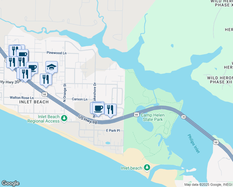 map of restaurants, bars, coffee shops, grocery stores, and more near 69 Grande Pointe Drive in Panama City Beach