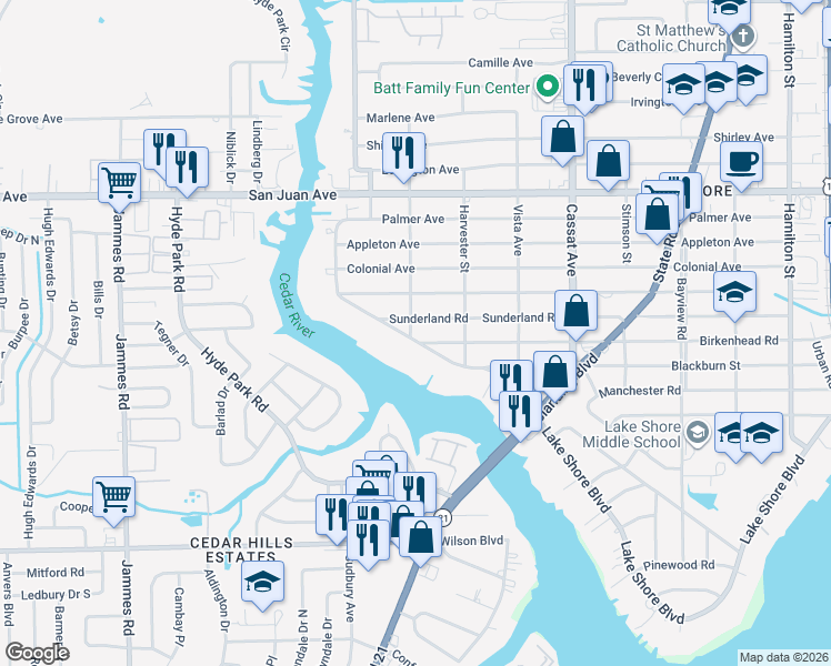 map of restaurants, bars, coffee shops, grocery stores, and more near 2271 Lake Shore Boulevard in Jacksonville