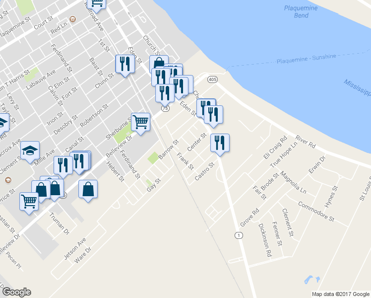 map of restaurants, bars, coffee shops, grocery stores, and more near 57964 Center Street in Plaquemine