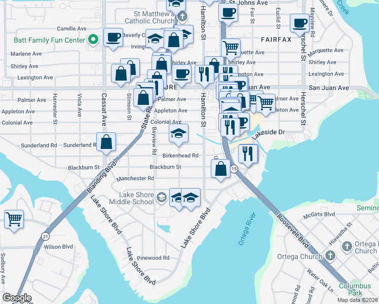 map of restaurants, bars, coffee shops, grocery stores, and more near 4535 Birkenhead Road in Jacksonville