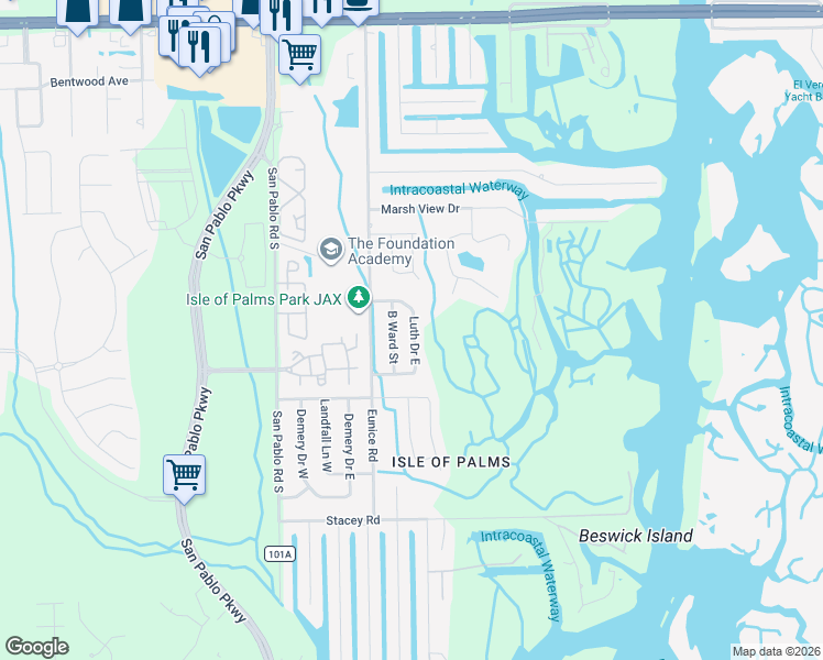 map of restaurants, bars, coffee shops, grocery stores, and more near 3784 Luth Drive East in Jacksonville