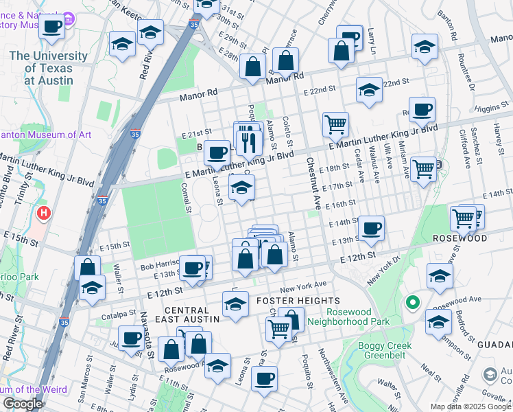 map of restaurants, bars, coffee shops, grocery stores, and more near 1607 Chicon Street in Austin