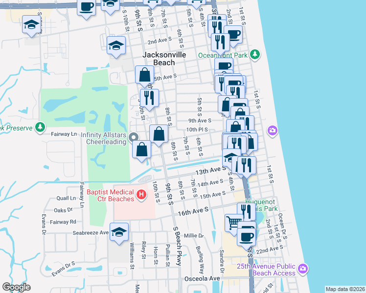 map of restaurants, bars, coffee shops, grocery stores, and more near 713 11th Avenue South in Jacksonville Beach