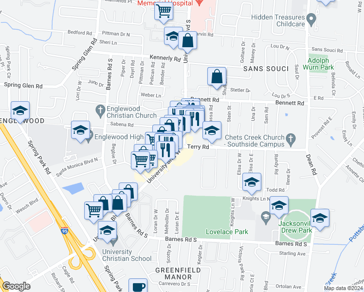 map of restaurants, bars, coffee shops, grocery stores, and more near 5230 University Boulevard South in Jacksonville