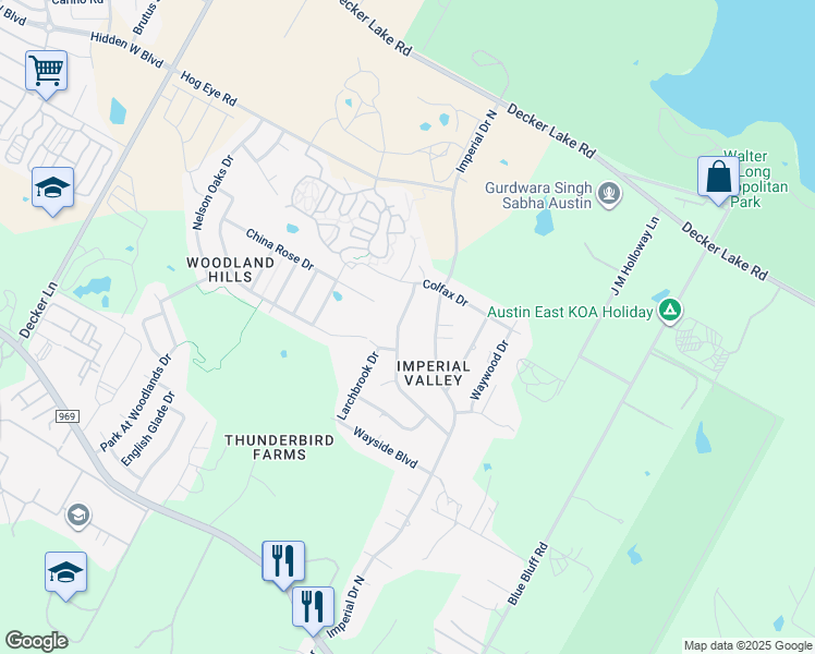 map of restaurants, bars, coffee shops, grocery stores, and more near 5701 Bitterwood Drive in Austin