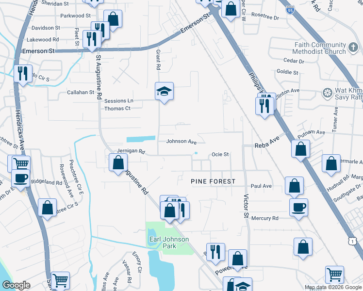 map of restaurants, bars, coffee shops, grocery stores, and more near 2362 Johnson Avenue in Jacksonville