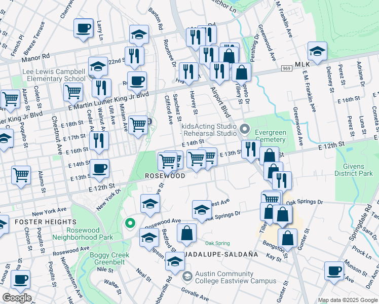 map of restaurants, bars, coffee shops, grocery stores, and more near 2938 East 13th Street in Austin