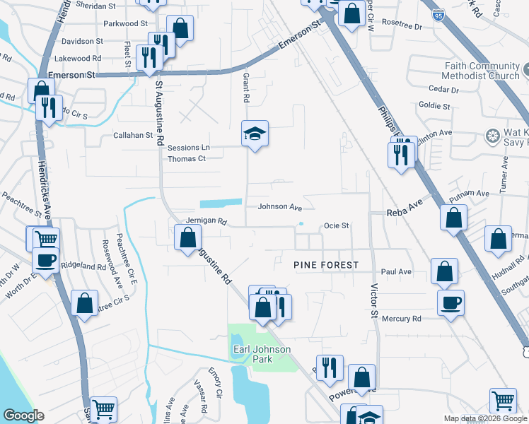 map of restaurants, bars, coffee shops, grocery stores, and more near 2332 Johnson Avenue in Jacksonville
