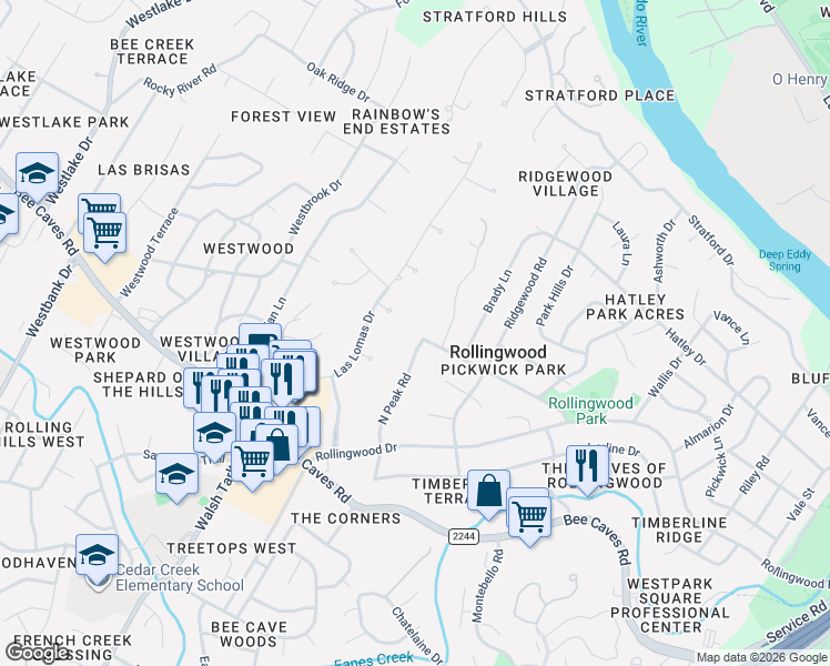 map of restaurants, bars, coffee shops, grocery stores, and more near 20 North Peak Road in West Lake Hills